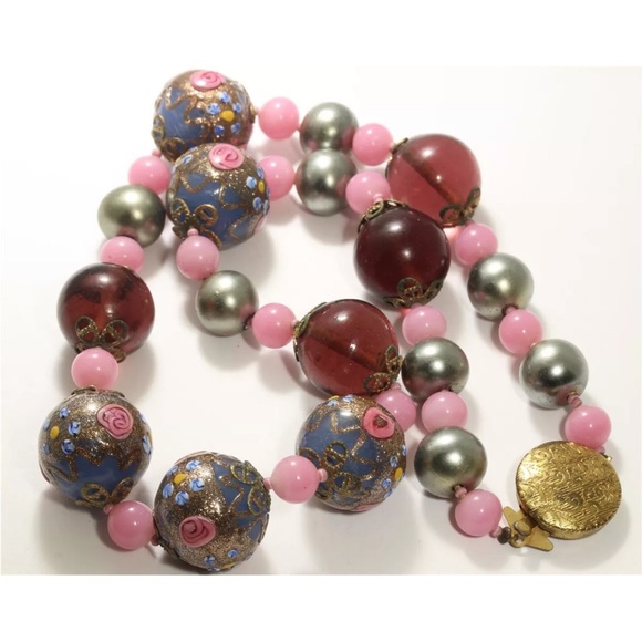 RARE Large Venetian Wedding Cake pink-Purple handmade Glass Bead Necklace 18” - Picture 4 of 15